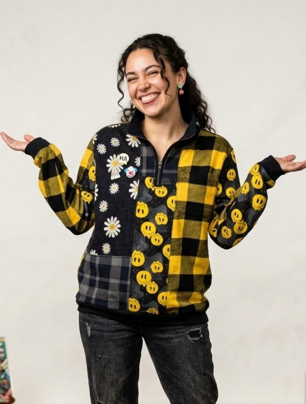 OOAK Bright Yellow "DAISIED AND CONFUSED" Unique Patchwork 1/4 Zip-Up Sweatshirt